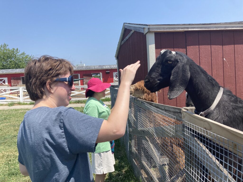 a white, young adult female pets a black goat peeking its head over a fence.