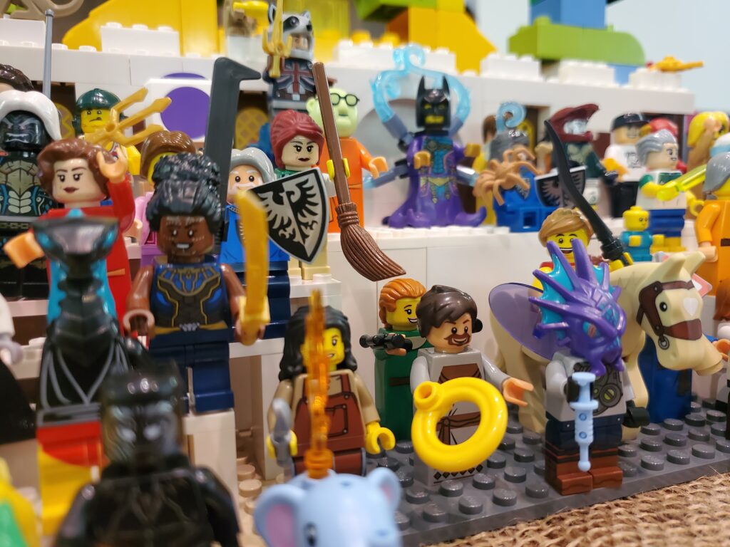 Lego sculpture of the council of priests and pharisees: many types of Lego people from various movies together