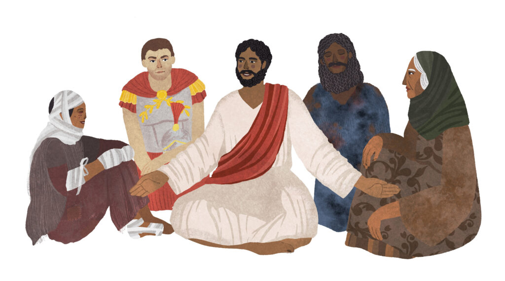 illustration of Jesus sitting with four people of various abilities, ethnicities, genders, and economic status. One person is a roman soldier.