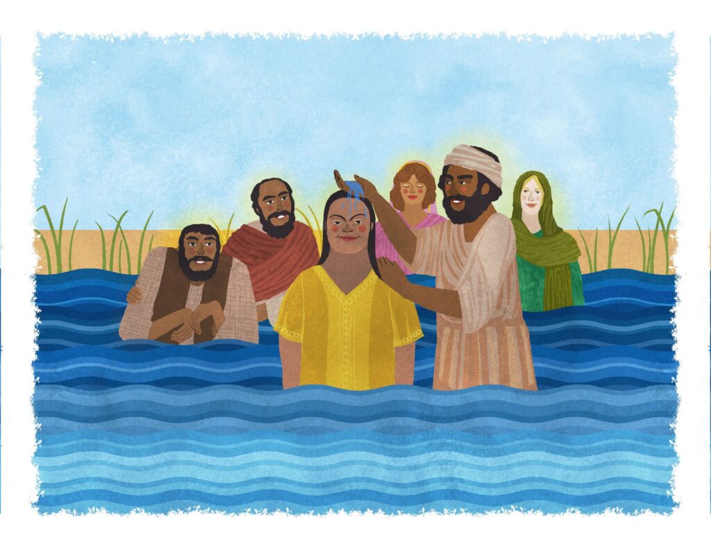 illustration of a person with an intellectual disability being baptized in a river, surrounded by witnesses with various ethnicities and abilities.