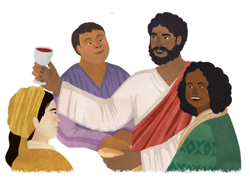 illustration of Jesus holding a cup of wine and a loaf of bread. Around him are three disciples of various abilities, ethnicities, and genders.